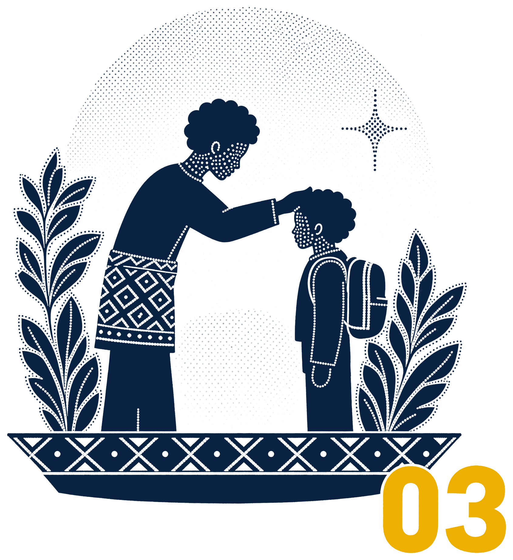 Papercut-style illustration numbered 03: an elder in a songkok blessing a schoolboy with a backpack