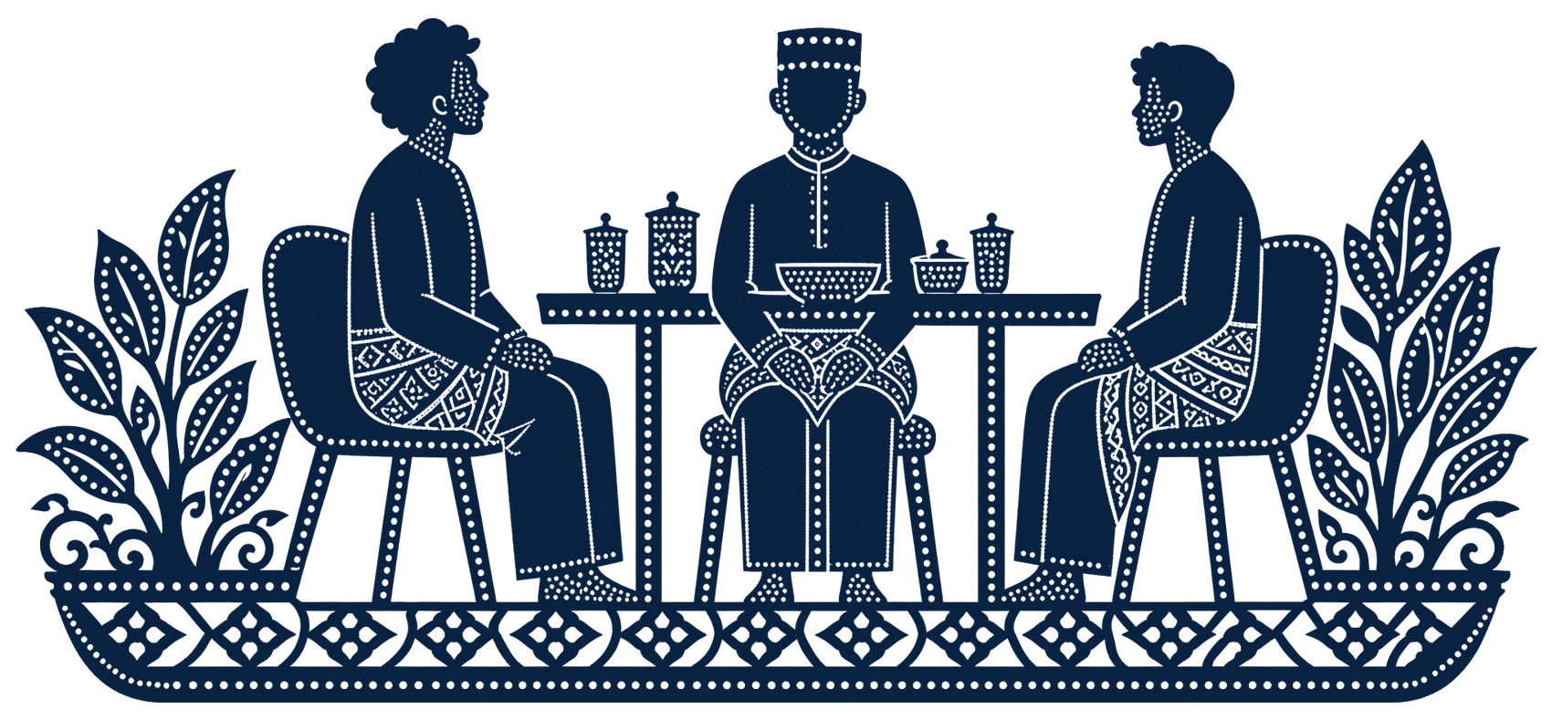 Papercut-style illustration: three friends talking over drinks around a mamak table