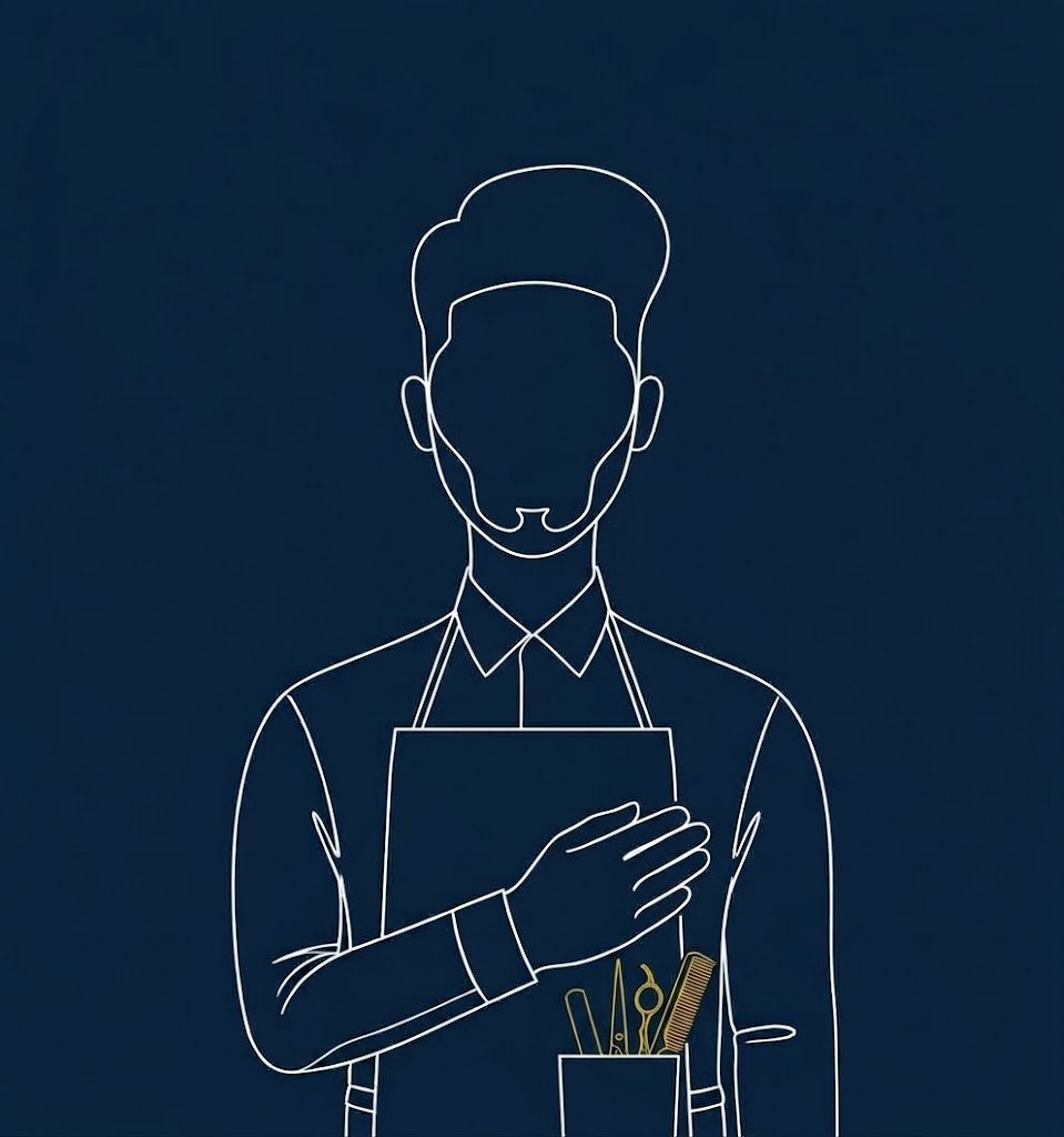 Line drawing of a well-groomed barber in an apron with his hand on his heart