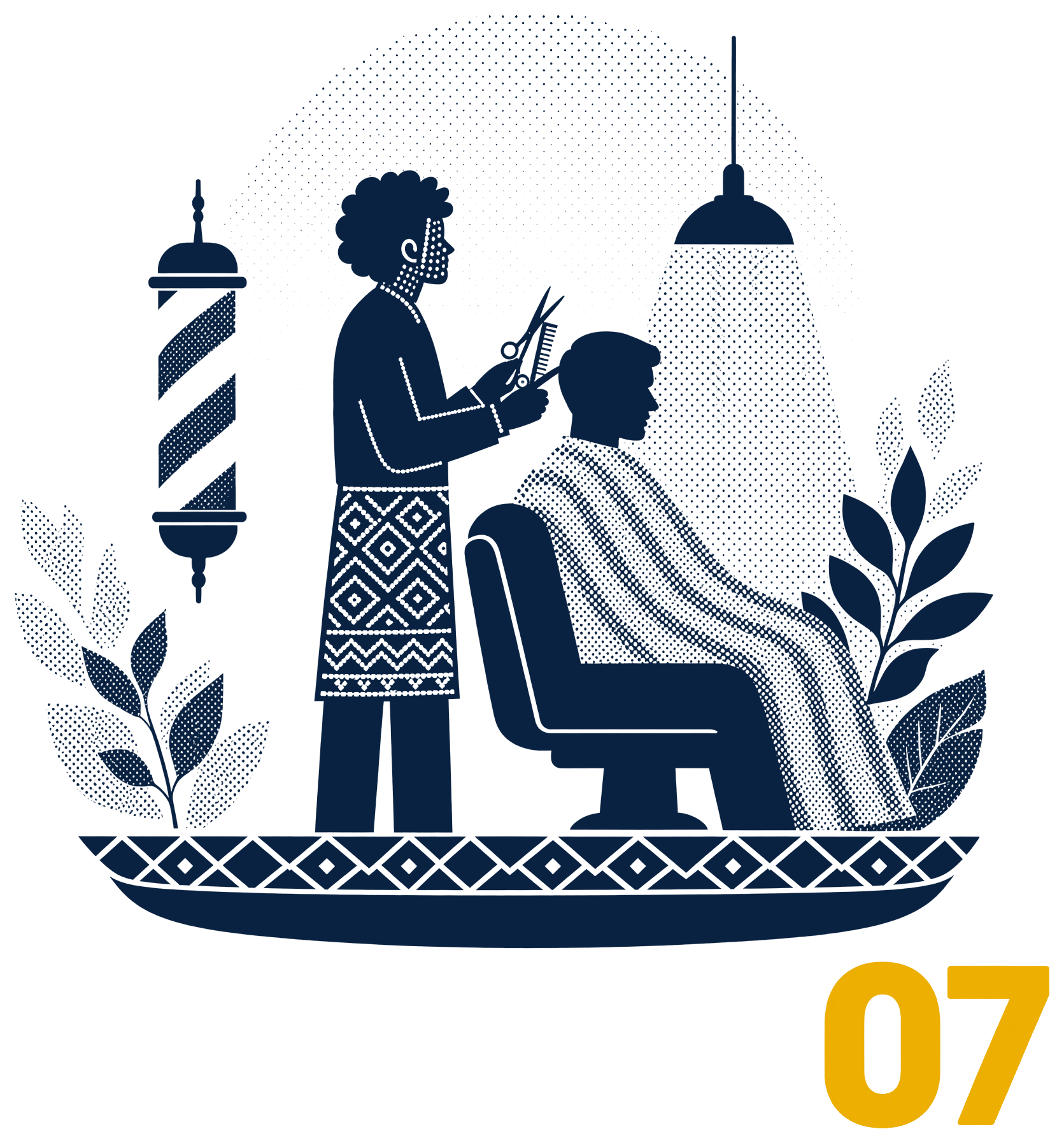 Papercut-style illustration numbered 07: a barber cutting a customer's hair beside a barber pole