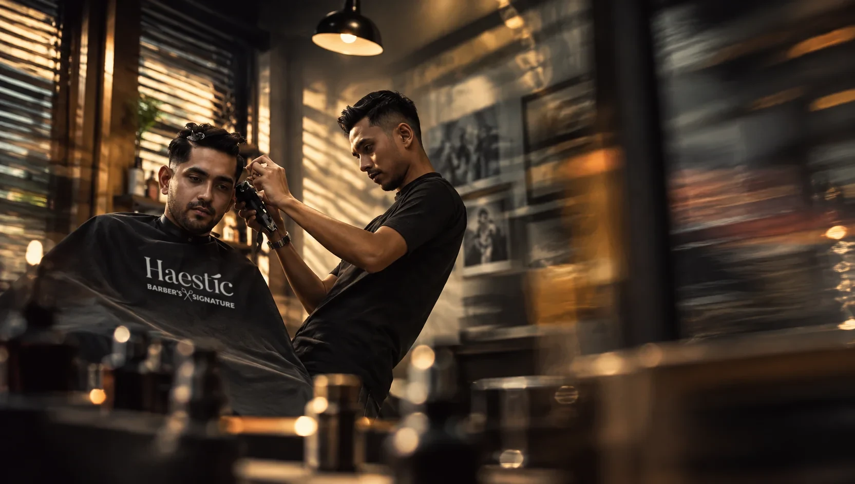 A barber trimming a client's hair in a warmly lit Haestic barbershop