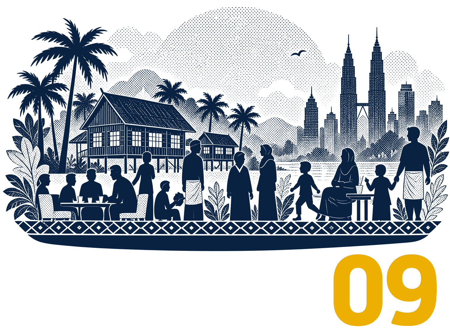 Papercut-style illustration numbered 09: a kampung house on stilts and the KL skyline, with families and friends gathered along a songket tray