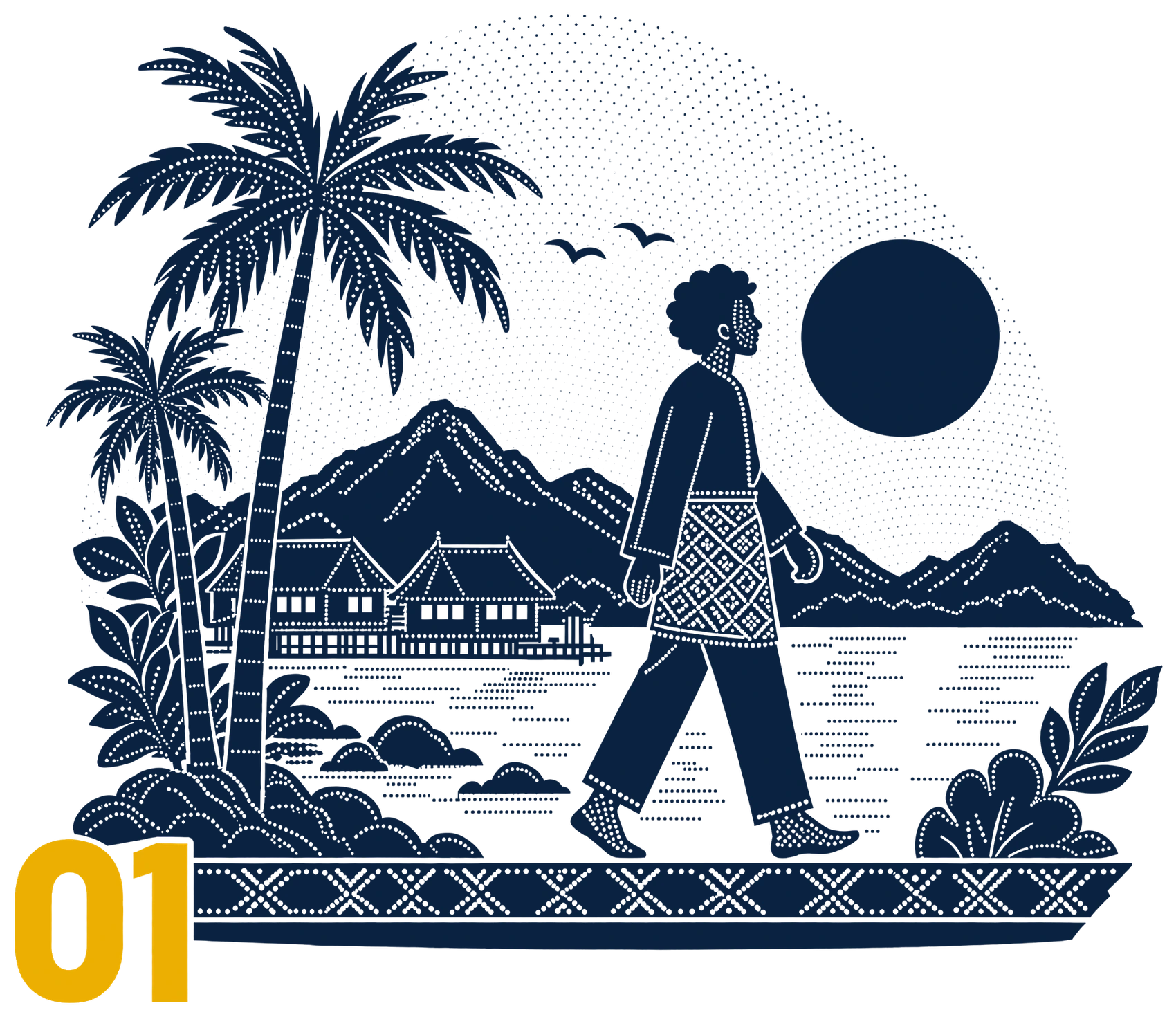 Papercut-style illustration numbered 01: a man in a sampin walking past palms, kampung houses and the sun