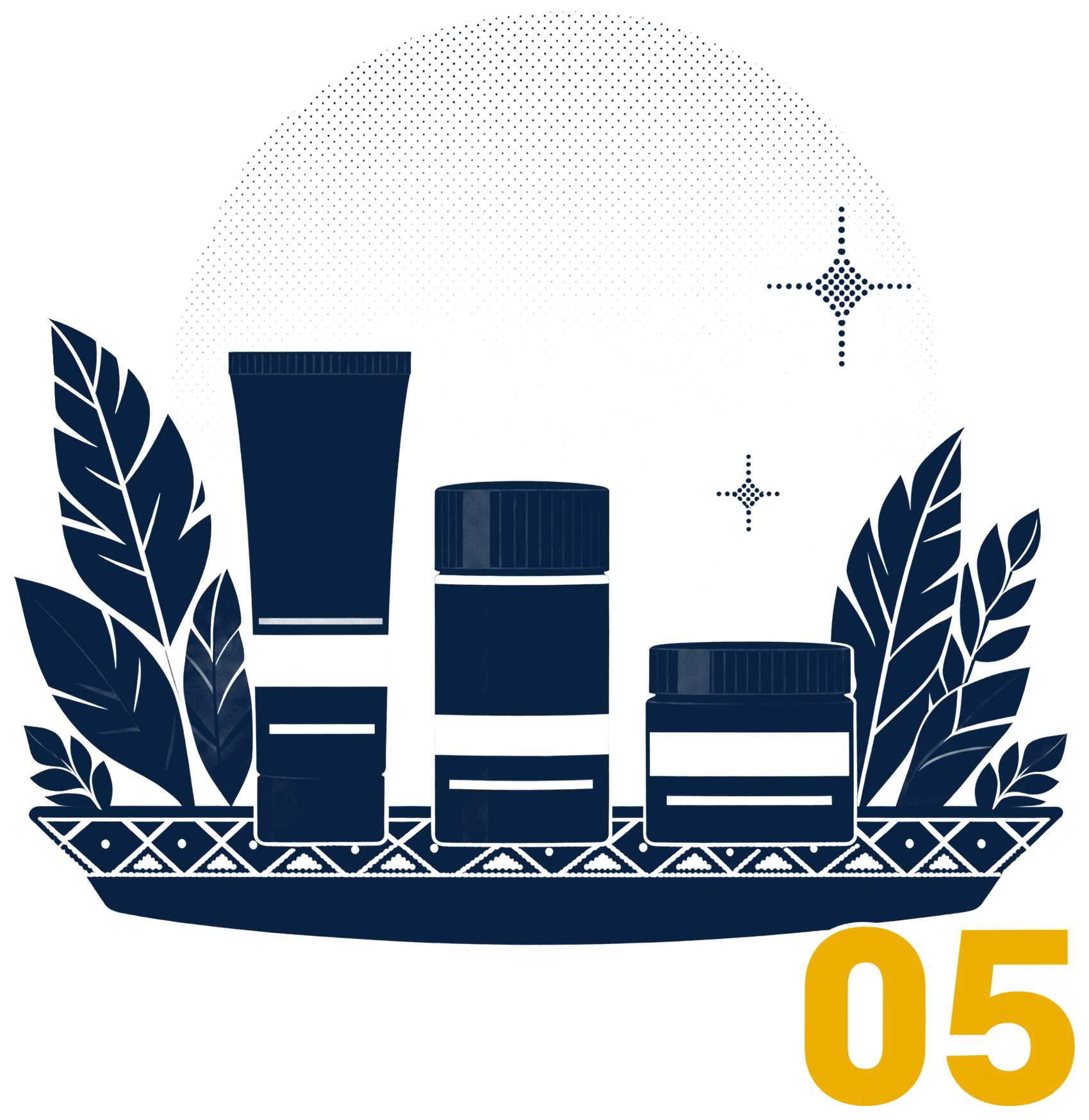 Papercut-style illustration numbered 05: a Haestic tube, jar and tin on a songket tray with leaves